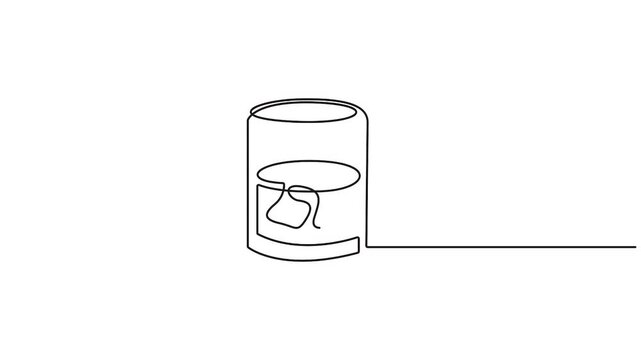 Self animated minimalist, continuous-line drawing of a glass of whiskey with ice cubes vector illustration