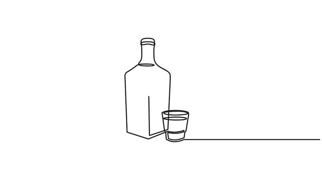 Self animated continuous line drawing of an alcoholic beverage bottle and a rocks glass