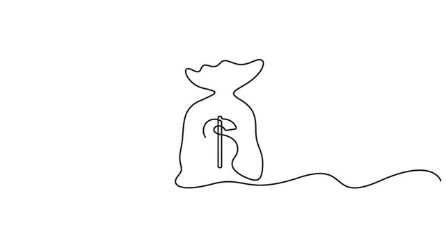 Self animated money bag with a dollar sign in one line art style. Money bag drawing with black stroke on white background vector illustration