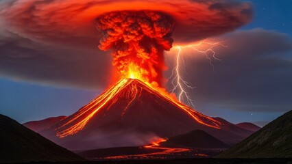 Vivid volcanic eruption with lightning and ash cloud illuminating the night sky
