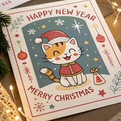 Happy New Year and Merry Christmas 2026 greeting card with a cat pet.