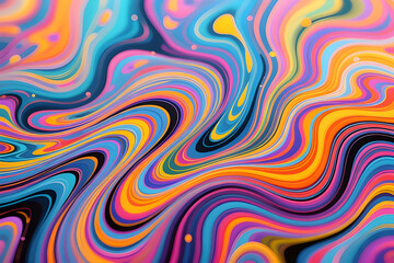 Obraz premium A dynamic abstract graphic featuring fluid, psychedelic waves in a striking palette of pink, blue, yellow, and orange. The swirling marble-like patterns evoke a sense of boundless imagination.