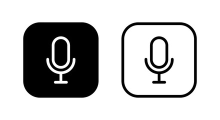 Audio mic outline icon in black square. Voice recording symbol. Microphone sign