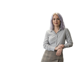 Woman with purple hair wearing gray shirt and skirt standing alone isolated on transparent background