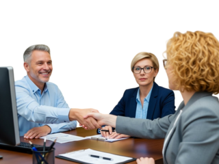 Business colleagues shaking hands at meeting with computer on transparent background