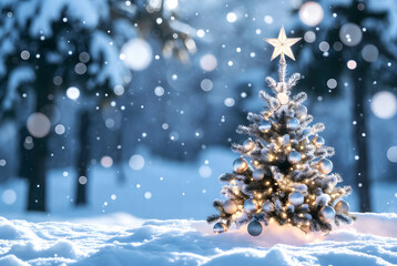 Obraz premium A snowy Christmas tree glowing in a blue winter forest at night