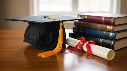 Graduation cap with diploma and books representing academic achievement and higher education