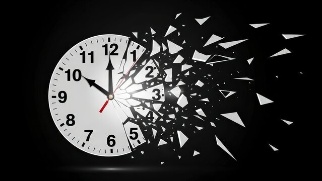 Clock Shattering into Pieces Symbolizing Time Passing and Decay.