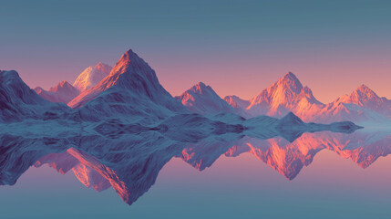 Transparent glass-like mountain peaks reflecting sky colors, surreal realism