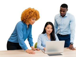 Three people gathered around a laptop in a business setting isolated on transparent background