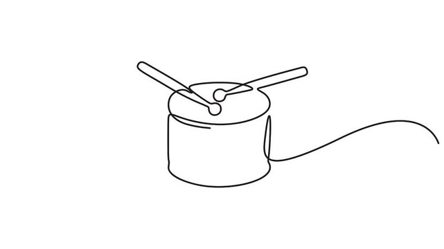 Self animated minimalist single-line drawing of a drum with two drumsticks resting on top. Full length unbroken line art vector illustration