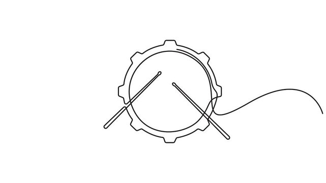 Self animated minimalist, continuous one line illustration of a drum with two crossed drumsticks vector illustration