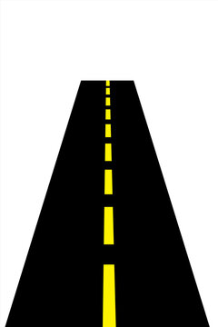 The perspective straight 2 lanes asphalt road on white background.