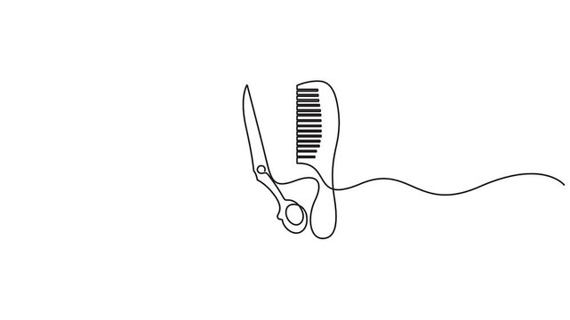 Self animated minimalistic continuous one-line drawing of a pair of scissors and a comb