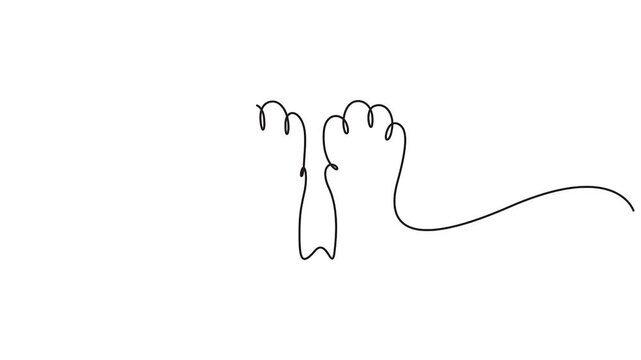 Self animated continuous line art drawing of two animal paws, Cat or dog animal footprints unbroken thin black line art