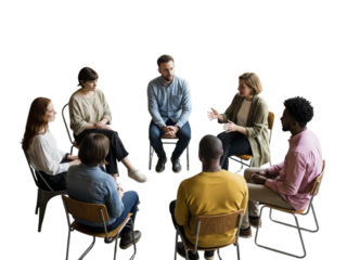 Diverse group of people sitting in a circle on transparent background discussing ideas
