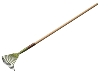 A garden rake with a wooden handle isolated on transparent background