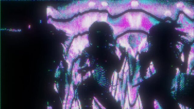 4K Concert Dance Glitch Animation with Silhouetted Woman Moving to Music Rhythm Digital Noise Signal Distortion and Light Interference as Background Overlay Layer for Music Video and Stage Visual