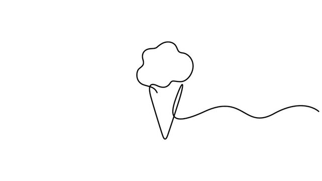 Self animated minimalist, continuous one line drawing of a soft-serve ice cream cone. Full length single line art animation
