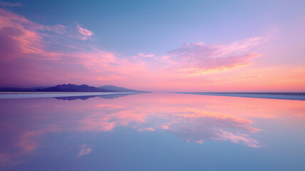 Fototapeta premium Vast white salt flats reflecting pastel sky, minimal horizon line, surreal calm