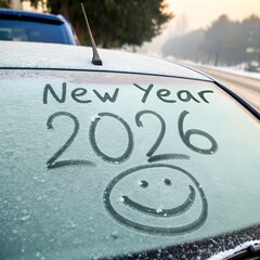 New year 2026 and smiling face written on car windshield stock photo