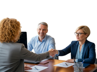 Businesspeople shaking hands and smiling at each other across a desk isolated on transparent background