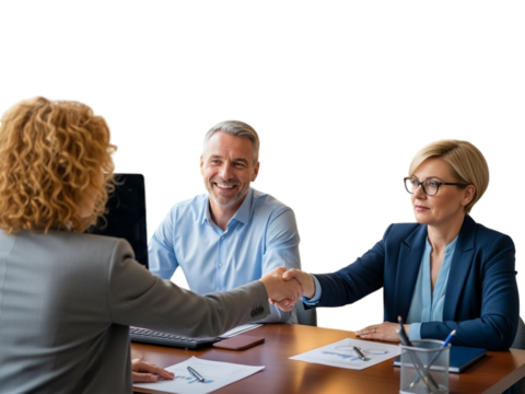 Businesspeople shaking hands and smiling at each other across a desk isolated on transparent background - Powered by Adobe