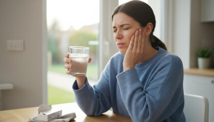 Obraz premium A woman sits at a wooden table in a well-lit kitchen, holding a glass of water. She appears to be in discomfort, touching her cheek as she deals with tooth pain. A small box is visible nearby