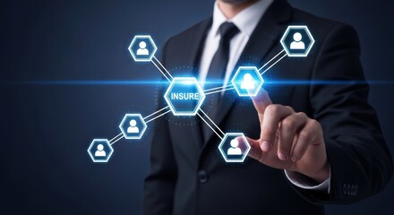 Obraz premium Businessman interacting with glowing digital insure network icons on a dark background