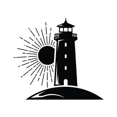 A striking black and white illustration depicts a lighthouse beaming light over a gentle rolling hill and dark sun