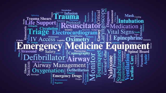 Emergency Medicine Equipment Word Cloud. Core Tools for Life Support and Trauma Care