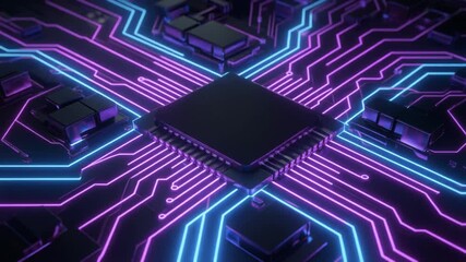 Close-up of a central processing unit (CPU) on a circuit board with glowing blue and purple neon light traces, representing advanced technology and computing. - Powered by Adobe