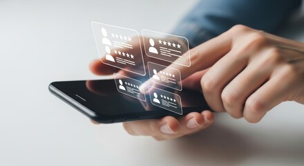 Hand tapping smartphone screen showing holographic customer reviews against a bright background