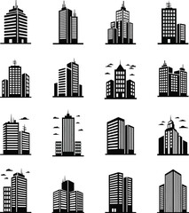 Obraz premium Modern Skyscrapers Silhouette Vector Collection in Various Architectural Designs