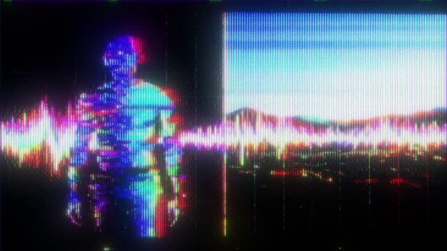 4K Futuristic AI Assistant Avatar Glitch Animation with Holographic Human Figure Signal Errors Digital Noise and Interface Distortion as Reusable Overlay Layer for UI HUD Systems Motion Graphics AI