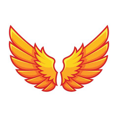 Obraz premium A vibrant illustration depicts a pair of stylized orange and yellow wings spread wide against a white background symbolizing flight