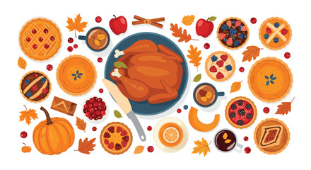 Top-down view of a festive Thanksgiving dinner table with a roasted turkey, various pies, drinks, and autumn decorations.