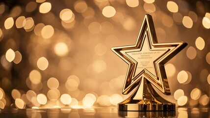 Golden award trophy star on a bokeh background, space for text, copyspace banner winner and 1st place concept, hd
