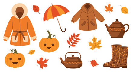 Obraz premium Cozy collection of cute autumn-themed clip art including warm coats, smiling pumpkins, teapots, and colorful fall leaves.