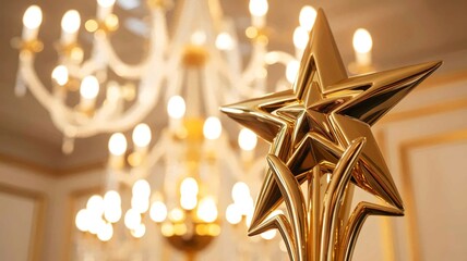 Golden award trophy star on a bokeh background, space for text, copyspace banner winner and 1st place concept, hd

