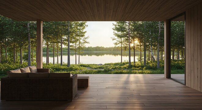 Luxury home porch overlooking a calm lake with trees at sunset
