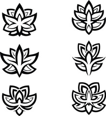 Set of tribal lotus flower icons and decorative floral ornaments for yoga wellness spa and tattoo graphic design assets.