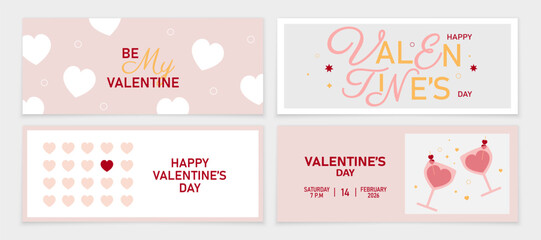 Set of 4 Valentine's Day banners. Valentine's banners with hearts, wine glass. Vector Valentine's Day banner.