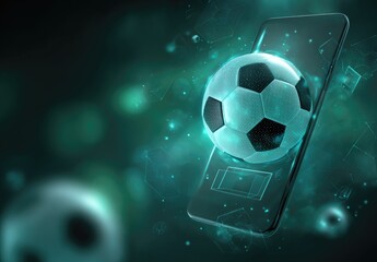 A glowing soccer ball seemingly floats above a smartphone displaying a digital scoreboard, set against a dark teal backdrop with abstract geometric elements
