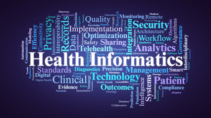 Health Informatics Word Cloud. Core Concepts in Digital Health and Data Management