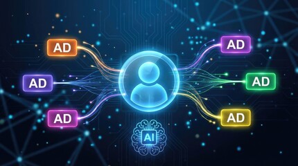 AI and User Profile Connected to Diverse Digital Advertisements with Glowing Network artificial intelligence