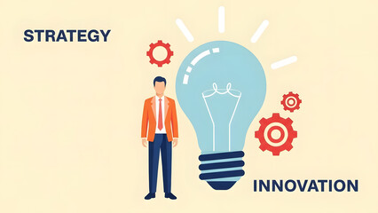 Corporate businessman standing next to large light bulb with gears symbolizing business strategy innovation creative ideas startup growth and digital transformation for success