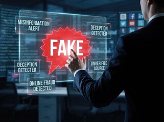 Businessman interacting with a large red FAKE alert on a digital screen in an office setting