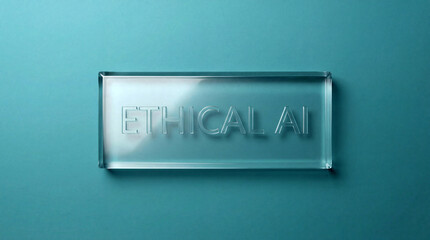 Ethical AI Concept: A glass block bearing the words ETHICAL AI floats serenely above a cool aqua-toned surface. It subtly hints at the integrity, transparency, and clarity of AI principles. 