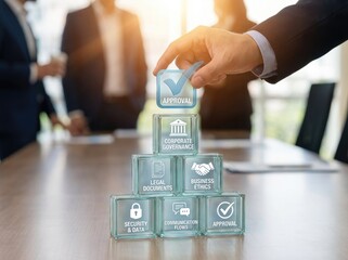 Businessman placing a checkmark symbol on a glass pyramid representing corporate governance and business approval